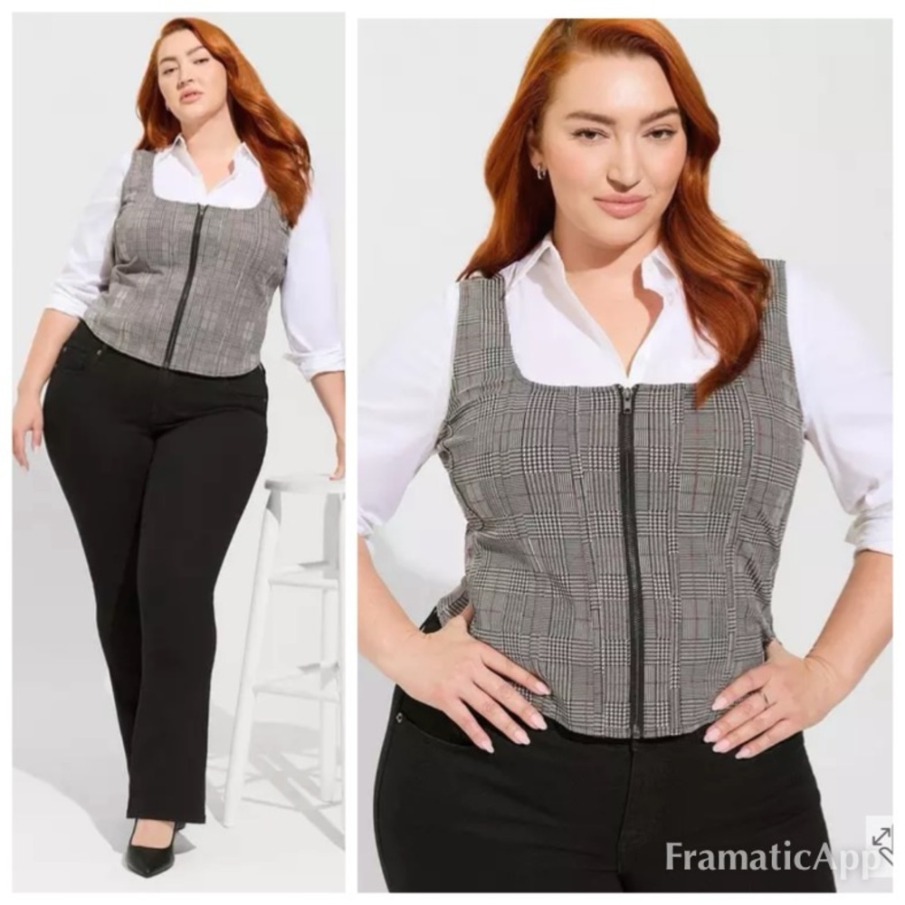 torrid Black & Gray Plaid Zip-Front Vest